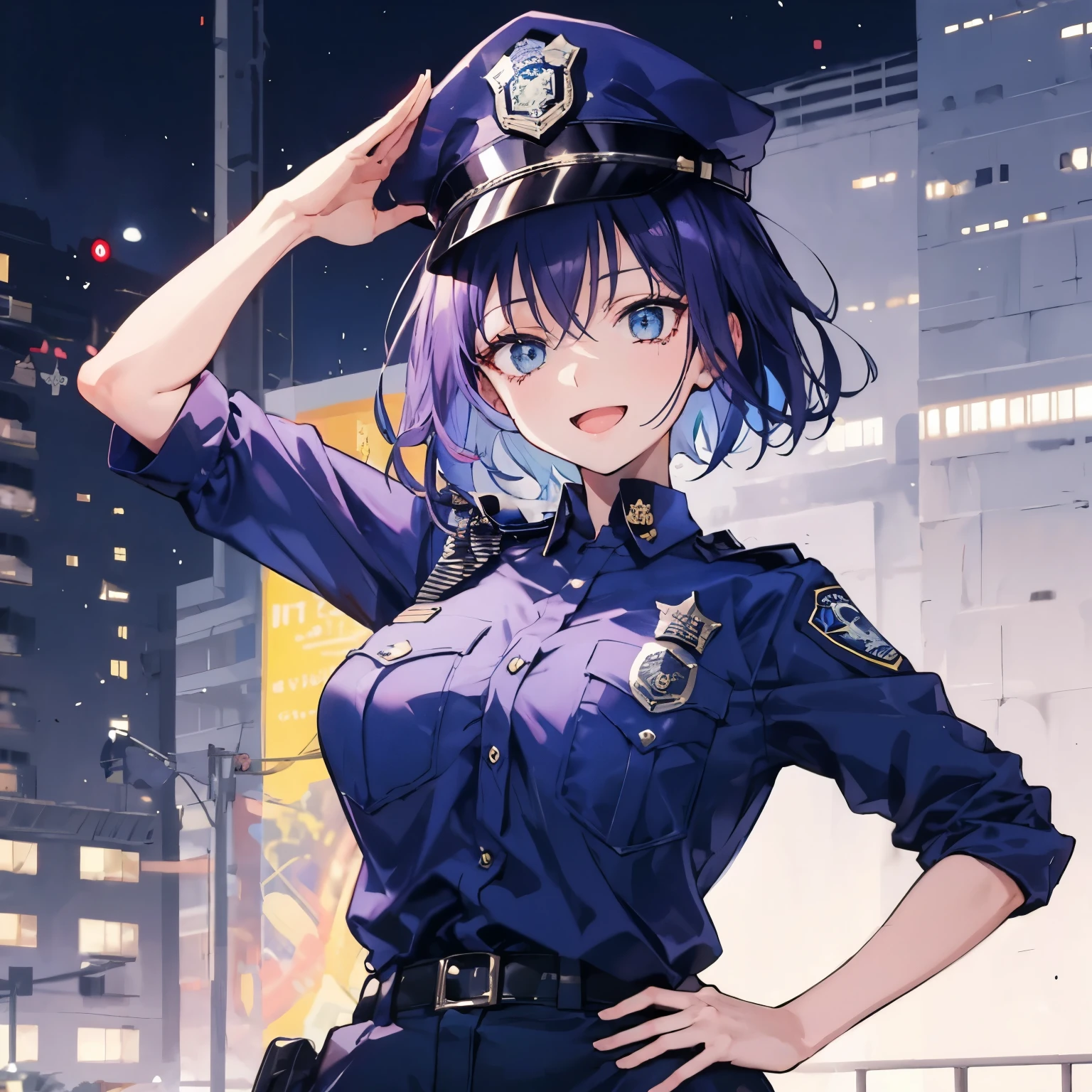 (salute, Joyful expression, bright smile, open mouth), 1 girl, upper body, (facing viewer, looking viewer), (blue eyes), ((sanpaku)), (purple hair, straight hair, very short hair, large breast), ((police cap, navy police shirt)), (outdoor), Sharp Focus, (Best Quality, masterpiece, detailed, facial focus), (solo shot), standing straight, police officer, ((waist)), hand on hips