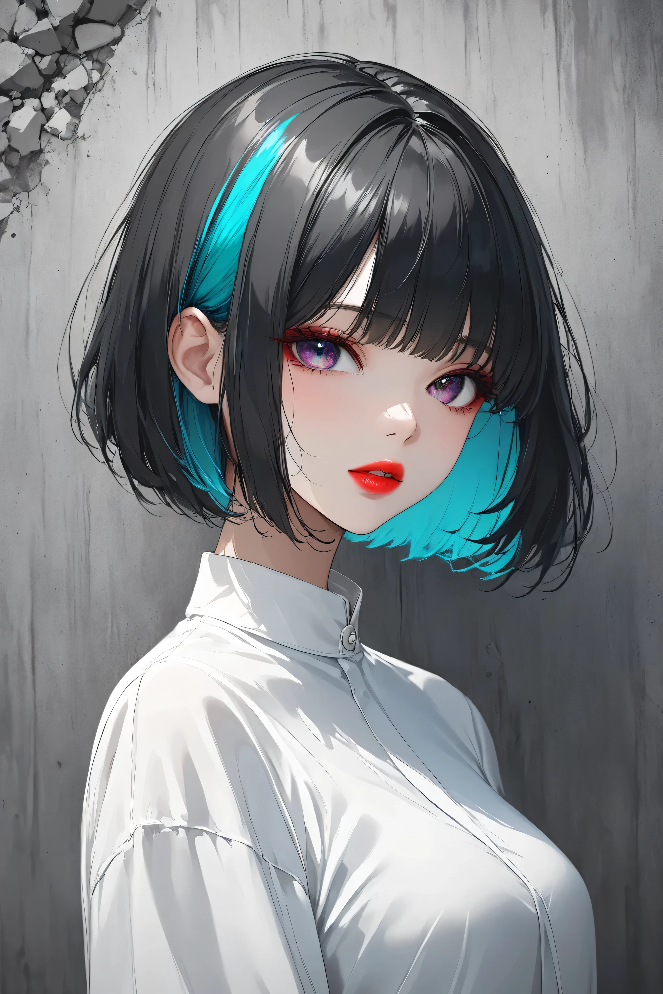 one girl, An ennui look、Upper body angle、 concrete background、bob cut、 short hair, colorful hair, compensate, parted lips, red lips, eyelinelm grain,a black and white photo:1.3、RAW photo)))、highest quality、ultra high resolution、masterpiece、background blur,