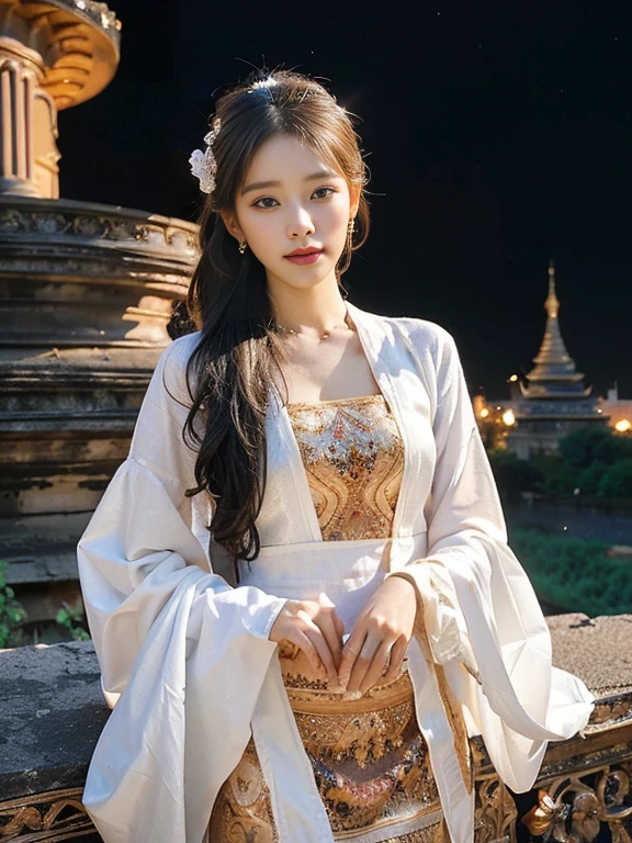 a solo beautiful princess, elegant, detailed, pretty, (rubenesque), (Royal Palace background), (night sky), Myanmar traditional elegant detailed dress, Hair knotted,(art by dgtlv2 and henry asencio and zeen chin and josephine wall and edwin deakin), (masterpiece), (good anatomy),