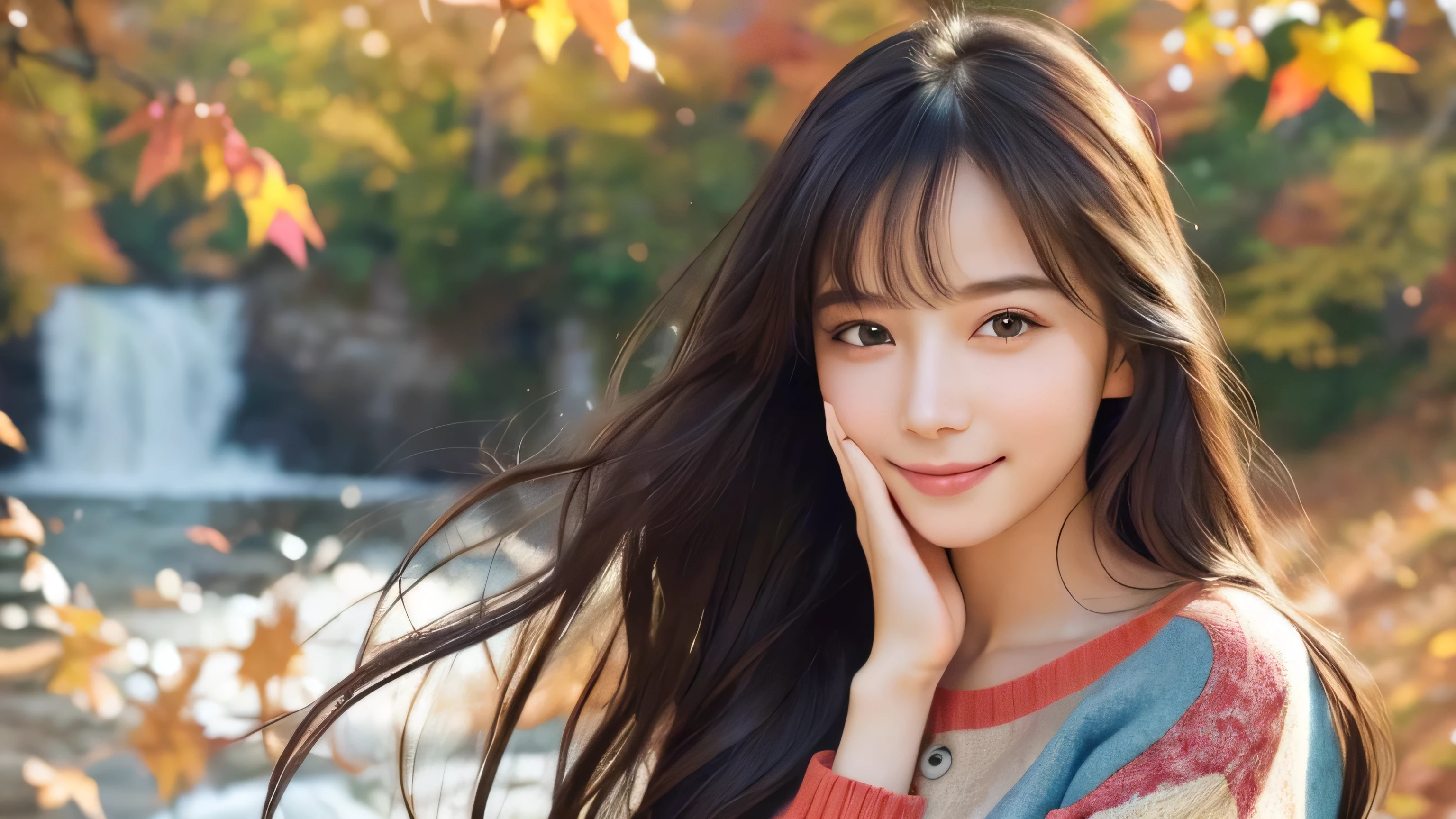 (Close up portrait of one girl with slender small breasts and very long hair in colorful autumn shirt and sweater:1.5)、(Smiling girl with hair fluttering in the wind stands on the edge of the screen:1.3)、(Waterfall and wonderfully beautiful autumn foliage background :1.3)、(Perfect Anatomy:1.3)、(complete hands:1.3)、(complete fingers:1.3)、Photorealsitic、Raw photography、masutepiece、top-quality、hight resolution、delicate and pretty、face perfect、Beautiful detailed eyes、Fair skin、Real Human Skin、pores、((thin legs))、(Dark hair)