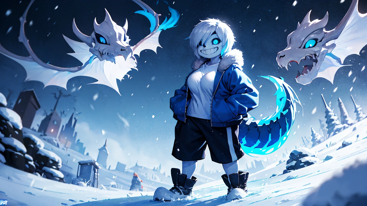 Toby Fox Undertale Sans Blue Jacket White Shirt ,Blue fire eyes smile white short hair dragon bone cannon standing in snow town Femininefull big breast breast enlargement full-body shot looking at lens illustration, ultra-detailed, HDR, vibrant colors, soft lighting