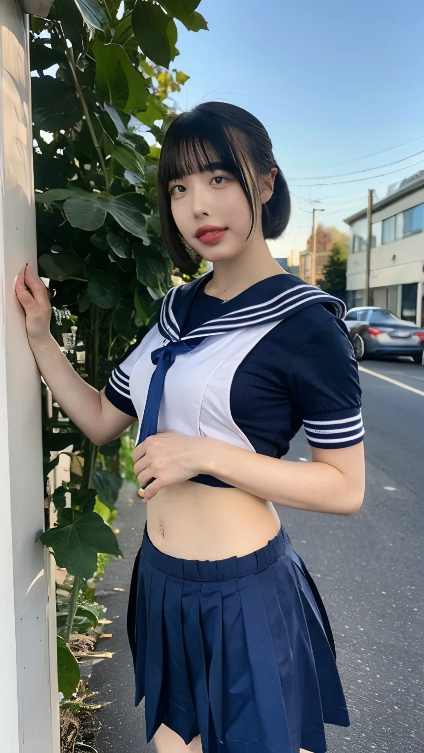 girls in old-Japanese town on school trips,white sailor shirt,navy blue pleated skirt,18-year-old,bangs,a little smile,thighs,knees,short hair with low pigtails bunches,from below,front light