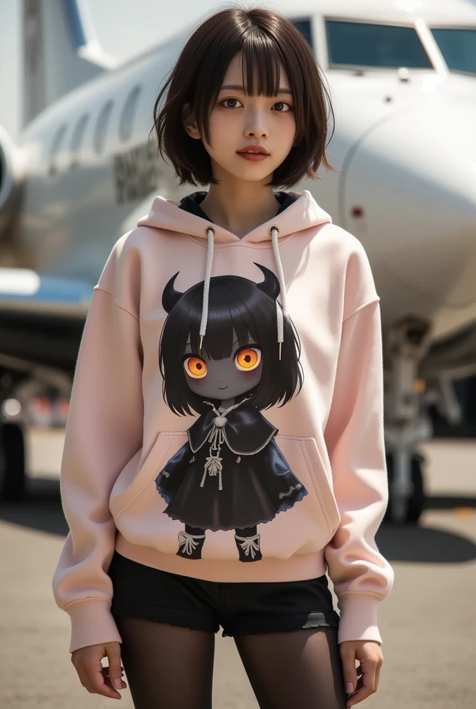 She is wearing a hoodie with a large print of her favorite cute devil girl, ultra-realistic, photorealistic, dramatic scene, shadow, global-illumination, solo, (20 years old Japanese famous idol girl:1.5), bad girl, very beautiful with very cute but boyish cool face, she is wearing punk rock outfits with very realistic smiled Chibi-anime-devil-black-girl printed hoodie, the chibi-anime-devil-black-girl that printed on her hoodie is 1girl\(dark black devil,cute,big eyes,large circle eyes,black skin,evil smile,long nail,orange eyes, vivid orange eyes, dark black skin, looking down,wearing capelet\(big,long,Tattered\), backlit,full body\), large backpack, traveling the world alone, standing in front of the passenger jet, professional lighting, 