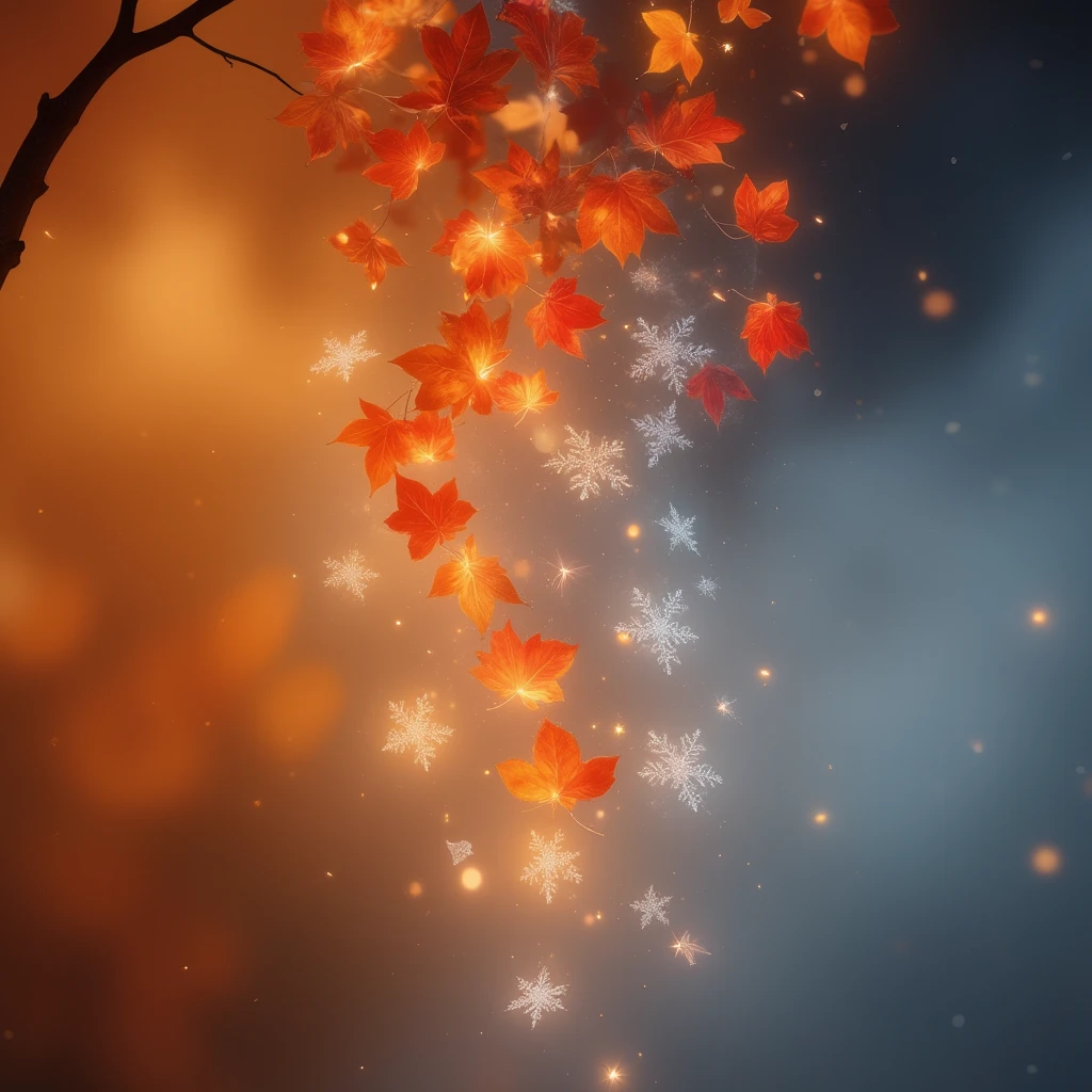 A minimalist yet hyper-realistic fantasy scene titled 'Rain of Petals,' focusing on the magical interplay of falling autumn leaves and delicate snowflakes. From the top-left corner, a single branch extends subtly into the frame, adorned with a few vibrant red and orange leaves that glow faintly, enhanced with effects of invert color, glow line, invert outline, glow, and shine. The branch serves only as a subtle accent, emphasizing the fleeting beauty of autumn's presence.

The true focus lies in the central airspace, where vibrant red and orange leaves detach and spiral downward, glowing softly as they dance in the light. These glowing leaves, imbued with surreal warmth, encounter delicate, crystalline snowflakes drifting from the cooler, misty side of the frame. The snowflakes sparkle with intricate patterns, their frosty edges illuminated by the faint winter light. Where the two elements meet, a mesmerizing fusion unfolds—leaves and snowflakes appear to dissolve into one another, creating shimmering bursts of light and soft radiant halos.

The background is enveloped in a glowing mist, blending warm amber and golden hues on the left into icy blues and silvers on the right, creating a seamless gradient that visually bridges the two seasons. Tiny particles of light float weightlessly, enhancing the ethereal atmosphere. The effects of invert color and shine add a magical vibrancy, while glow line and invert outline emphasize the surreal motion of the swirling elements.

The composition is strikingly simple yet dynamic, with the leaves and snowflakes at the forefront, their interplay creating a visual narrative of transformation. Each glowing leaf and snowflake is rendered with meticulous detail, highlighting their textures and movement as they spiral, merge, and fade into the misty air. The contrast between autumn’s fiery warmth and winter’s tranquil chill is captured in their interaction, a poetic moment of transition.

This artwork captures a fleeting, magical mome