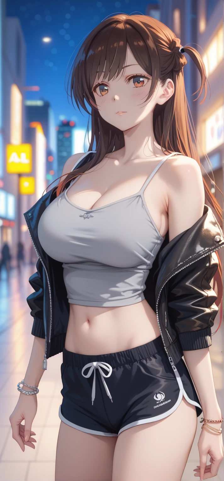 Tall girl, fit girl, chizuru ichinose, side tie up, masterpiece, best quality, highres, chi1, 1girl, long hair, solo, bracelet, bangs, large breasts, grey camisole, jacket, leather, crop top, navel, open clothes, dolphin shorts, city, blurry backgrounds, night, simple backgrounds 