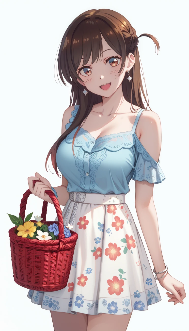 chizuru ichinose, side tie up, masterpiece, best quality, highres, chi1, 1girl, long hair, solo, bracelet, bangs, large breasts, 1girl, solo, jewelry, long_hair, skirt, brown_hair, open_mouth, smile, basket, looking_at_viewer, earrings, bracelet, blue_skirt, white_background, simple_background, shirt, collarbone, :d, brown_eyes, arm_behind_back, bangs, one_side_up, bare_shoulders, floral_print, blue_shirt, blush, head_tilt, standing, shoulder_cutout, ribbon, hand_up