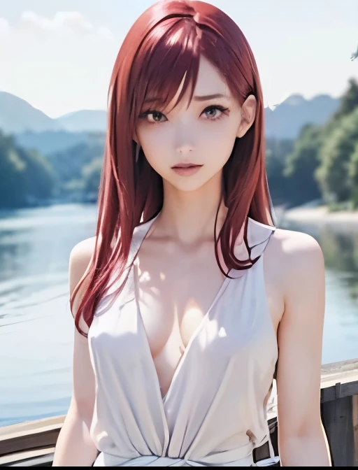 Slender woman(long reddish pink hair),  white see-through celtic dress( sleeveless、 deep v-neck、 open your chest 、Small chest、Deep slit)、Pull up your bangs with your right hand、whole body、Dark Skies、Standing on the lake at night 