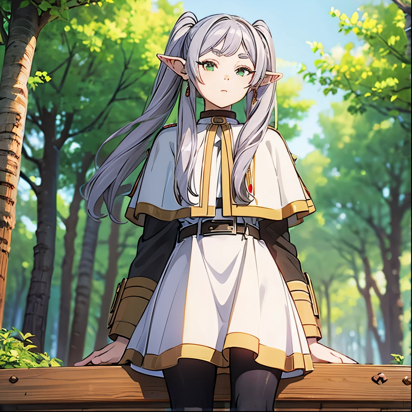 Woman in a dress, long hair, , bangs, Long Sleeve , twin tails, Green Eyes, teeth, flower, Grey Hair, black pantyhose, earrings for a woman alone, boots, Outdoor, Pointy Ears, belt, white dress, wood, black pantyhose, capelet , Brown footwear, knee boots, fairy , nature, forest, white capelet , eyes meet, Play.