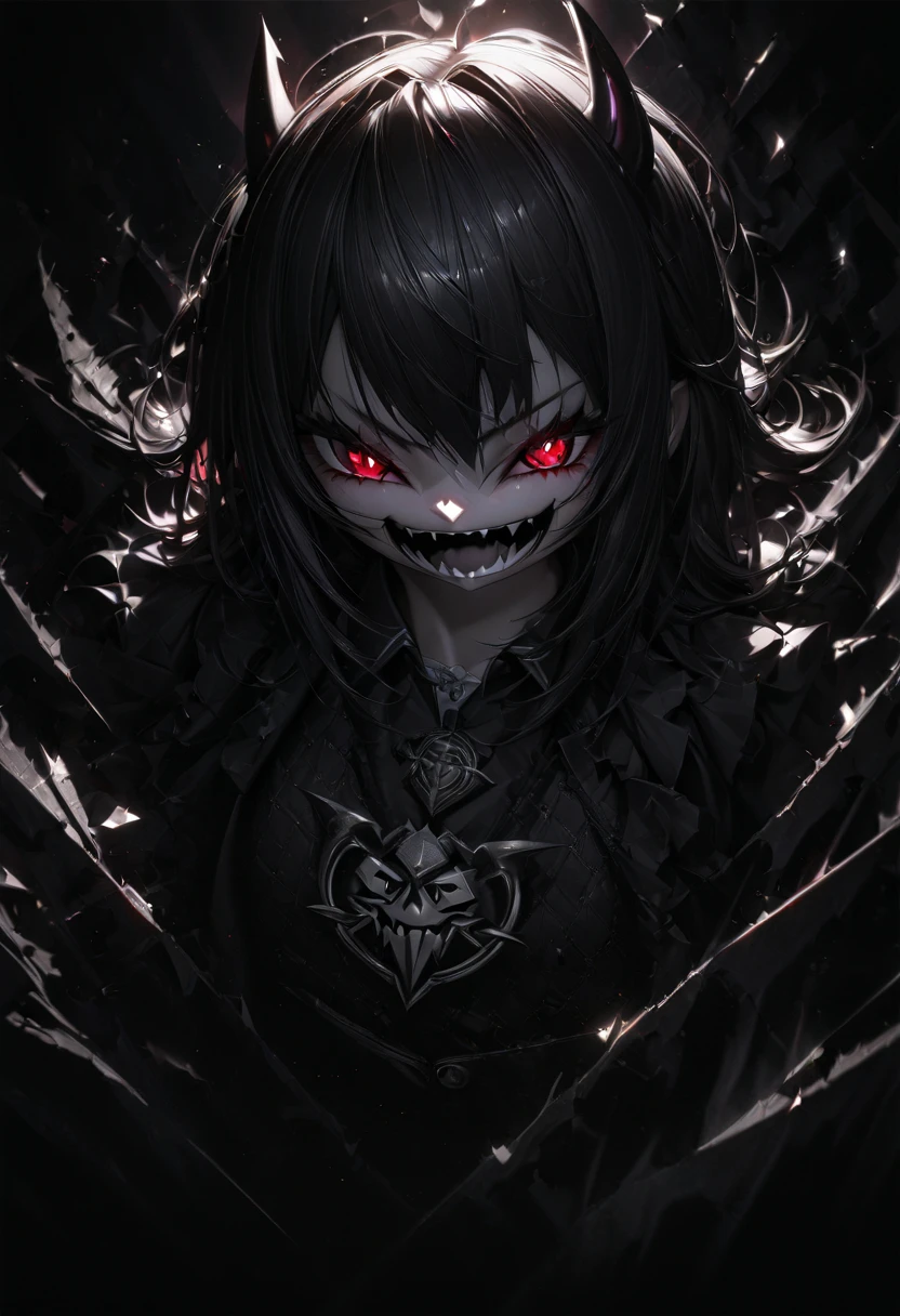 (absurdres, highres, ultra detailed, HDR)Male, large, red eyes, has a scary smile and sharp teeth. Black wolf cut hair, long hair, white skin, wears a black hoodie, wears a black mask to cover face, stalker.