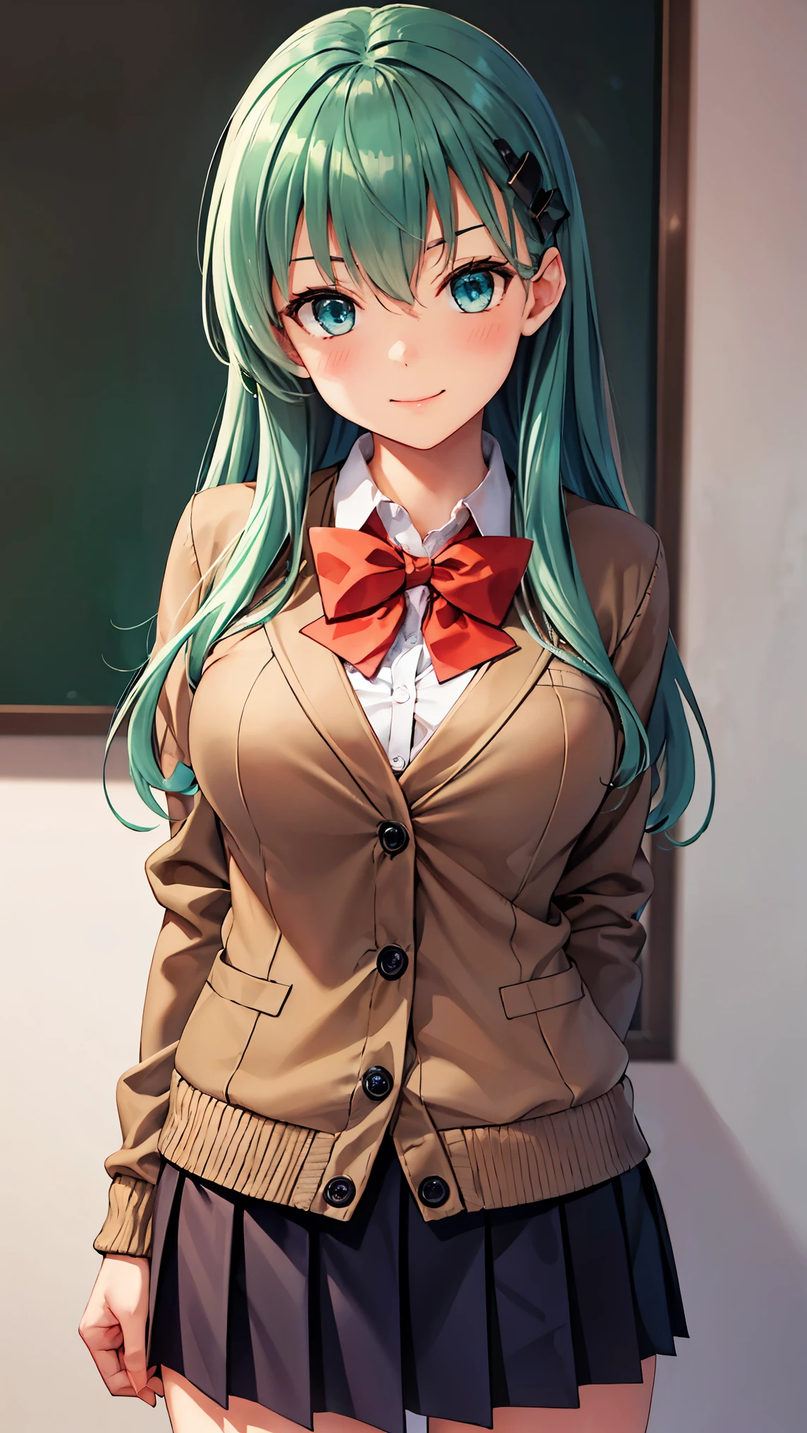 8k high resolution ( super detailed), masterpiece, ( best quality)　 anime illustration　 detailed eyes on board,  detailed face 　 detailed hands 　Fine hair　 very elaborate body、 fine skin 　solo　 Kantai Collection _Suzuya　Suzuya_kantaicollection　 long hair、 hair ornament、 light blue hair 、 hair clips、blush、Big Breasts、 light blue eyes、 green eyes、Hair between the eyebrows、 green hair　 black underwear　 blazer, ribbon,  bow tie , 茶色の jacket,  cardigan,  jacket　 school uniform, 赤い bow tie 　 playful smile 　 see here　 Oblique View from Below