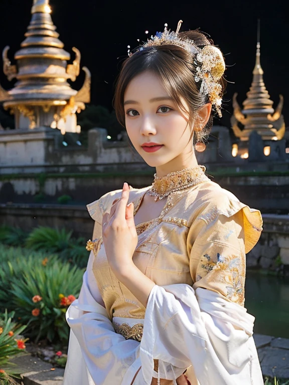 a solo beautiful princess, elegant, detailed, pretty, (rubenesque), (Royal Palace background), (night sky), Myanmar traditional elegant detailed dress, Hair in a bun, (art by dgtlv2 and henry asencio and zeen chin and josephine wall and edwin deakin), (masterpiece), (good anatomy),