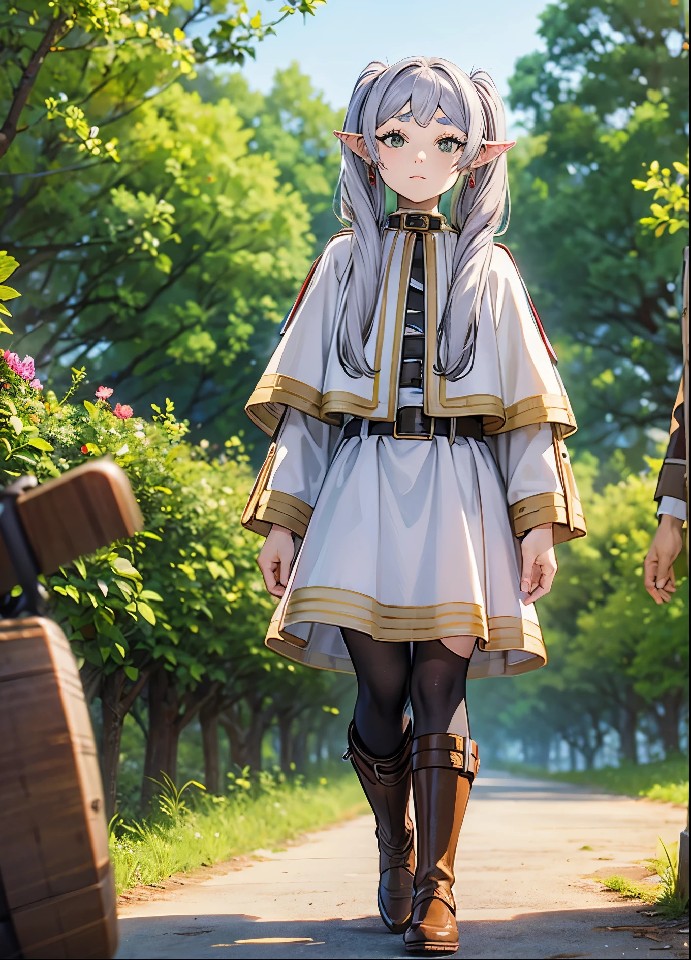 Woman in a dress,  long hair, , bangs,  Long Sleeve ,  twin tails, Green Eyes, teeth, flower, Grey Hair,  black pantyhose,  earrings for a woman alone,  boots, Outdoor,  Pointy Ears, belt,  white dress, wood,  black pantyhose,  capelet , Brown footwear, knee  boots,  fairy , nature, forest, white  capelet , eyes meet, Play.