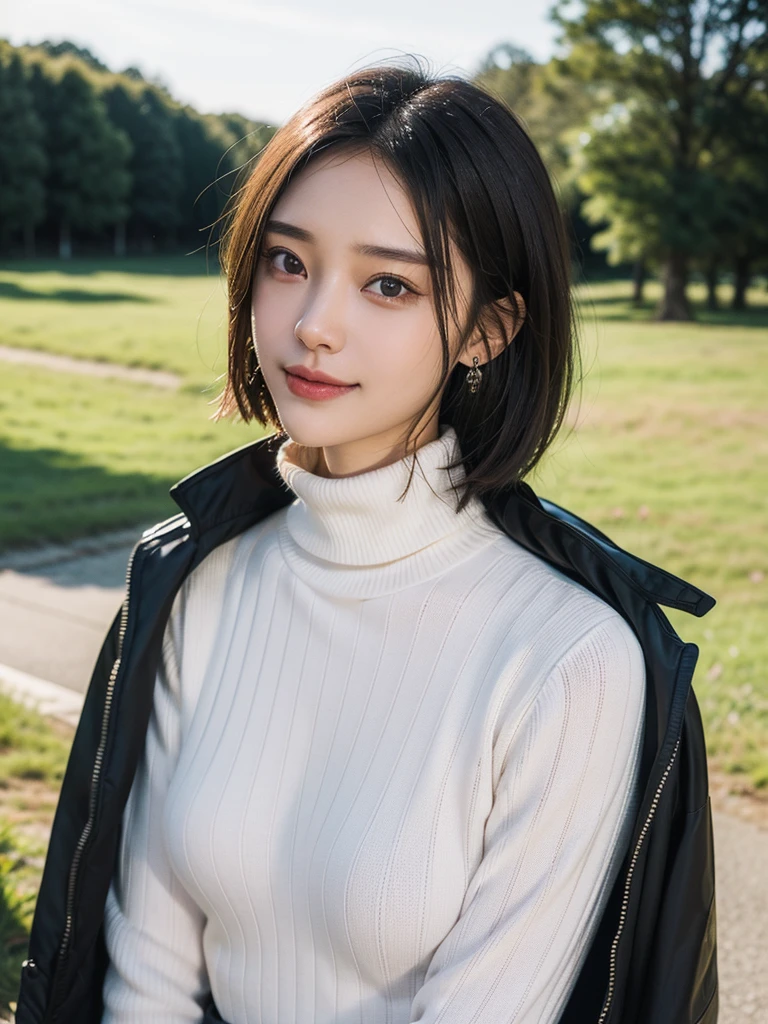 (best quality, highres, ultra-detailed), realistic, HDR, professional, vivid colors, bokeh, 21years,Japanese woman, short black hair, slanted eyes, lowered eyebrows, thin chin, slightly muscular body, jogging, winter park, cold weather,,trees without leaves, cozy winter attire, sports shoes,