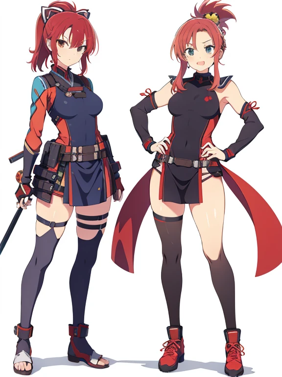 (((Best Quality))) , ((full body)), female, 3 girls, white background, random hairstyles, kunoichi, red hair,
