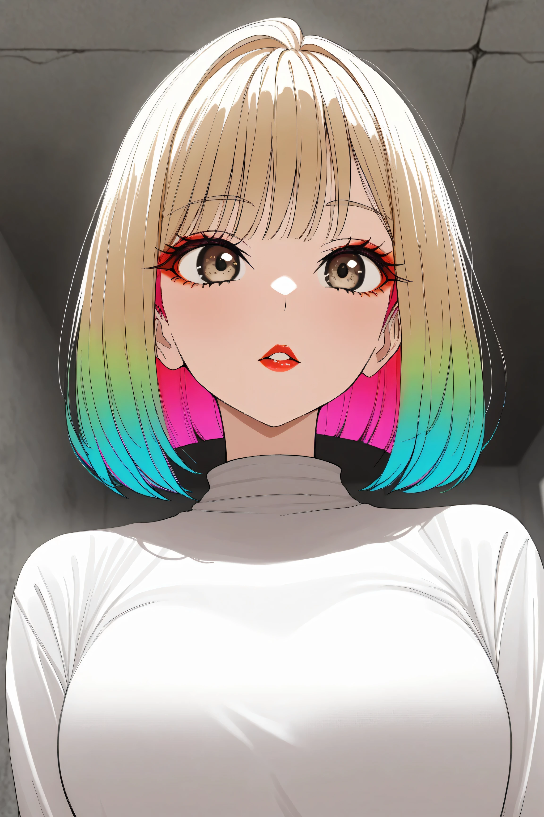 one girl, An ennui look、Upper body angle、 concrete background、bob cut、 short hair, colorful hair, compensate, parted lips, red lips, eyelinelm grain,a black and white photo:1.3、RAW photo)))、highest quality、ultra high resolution、masterpiece、background blur,