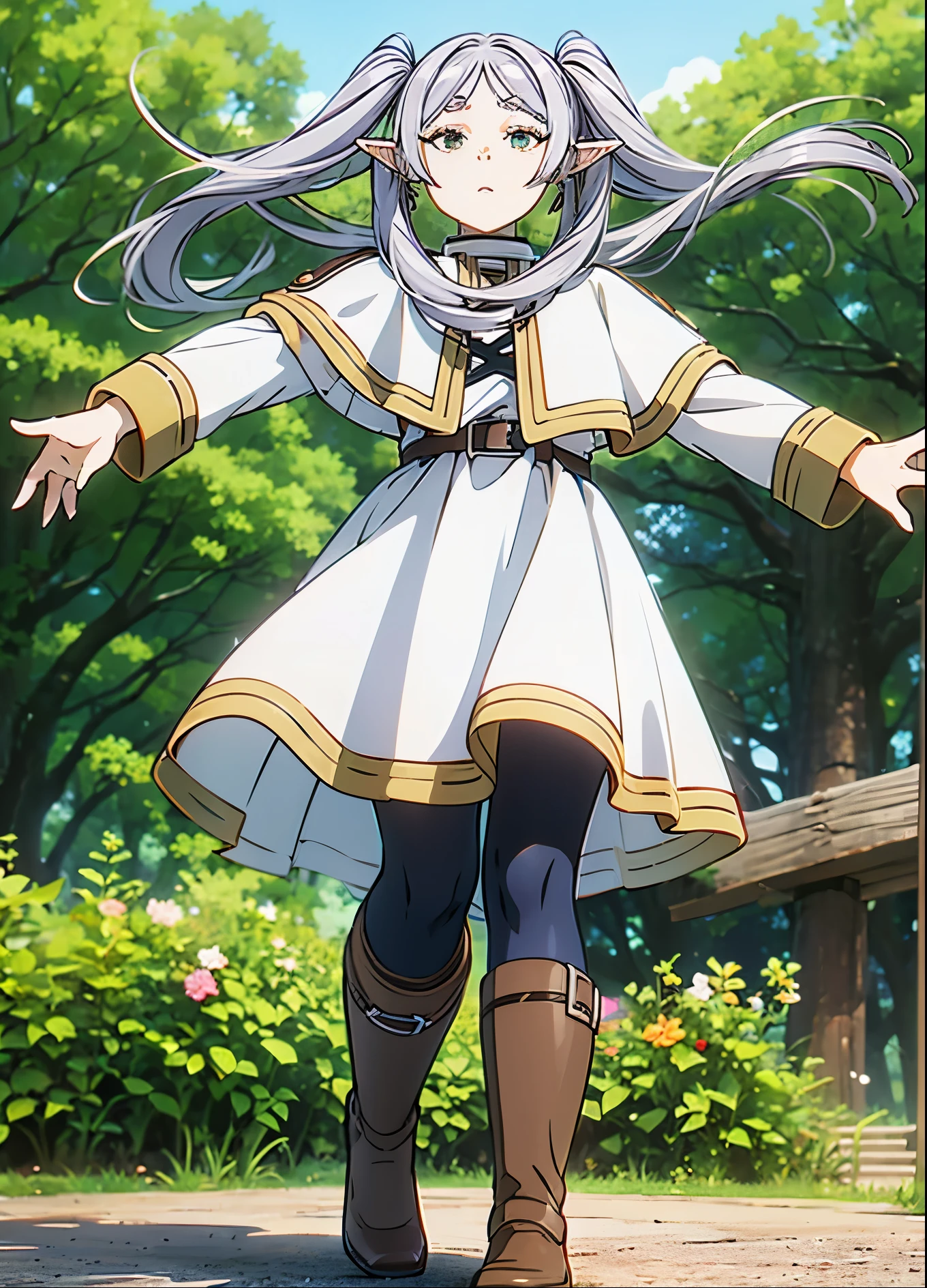 Woman in a dress, long hair, , bangs, Long Sleeve , twin tails, Green Eyes, teeth, flower, Grey Hair, black pantyhose, earrings for a woman alone, boots, Outdoor, Pointy Ears, belt, white dress, wood, black pantyhose, capelet , Brown footwear, knee boots, fairy , nature, forest, white capelet , eyes meet, Play.(It emits vibrations from an outstretched hand:1.5)、(Effect line:1.5)、( side view:1.1)