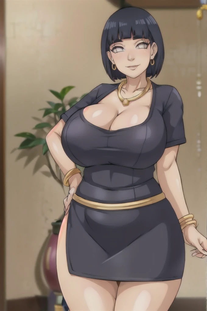 Hinata hyuuga,Big breast,Cleavage,Gold chain necklace,Gold hoopa bracelet,((Gold bar earring)),Long nail,Skindentation,Wedding ring,ear visible,SHORT SLEEVE thin black dress,Solo,1girl,Detailed hand,Standing,((Body facing front)),Visible nape,Glossy lips,Wide hip,Curvy figure,Light blush,Gaze on viewer,Swaying hip,smile