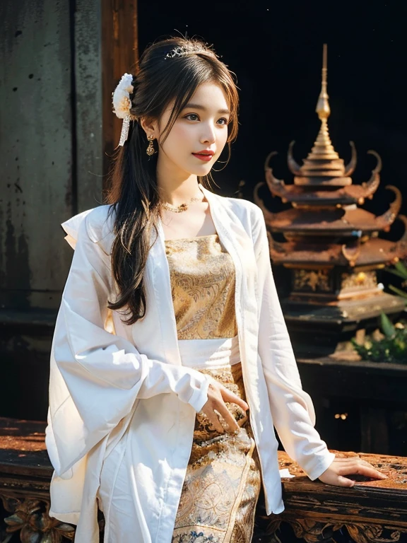 a solo beautiful princess, elegant, detailed, pretty, (rubenesque), (Burmese Pagoda background), (night sky), Myanmar traditional elegant detailed dress, Hair in a bun, (art by dgtlv2 and henry asencio and zeen chin and josephine wall and edwin deakin), (masterpiece), (good anatomy),