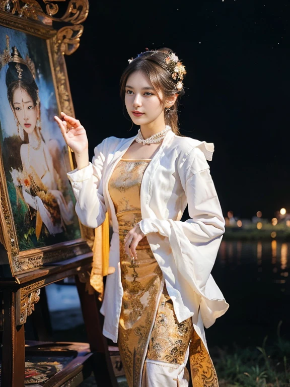 a solo beautiful princess, elegant, detailed, pretty, (rubenesque), (Burmese Pagoda background), (night sky), Myanmar traditional elegant detailed dress, Hair in a bun, (art by dgtlv2 and henry asencio and zeen chin and josephine wall and edwin deakin), (masterpiece), (good anatomy),