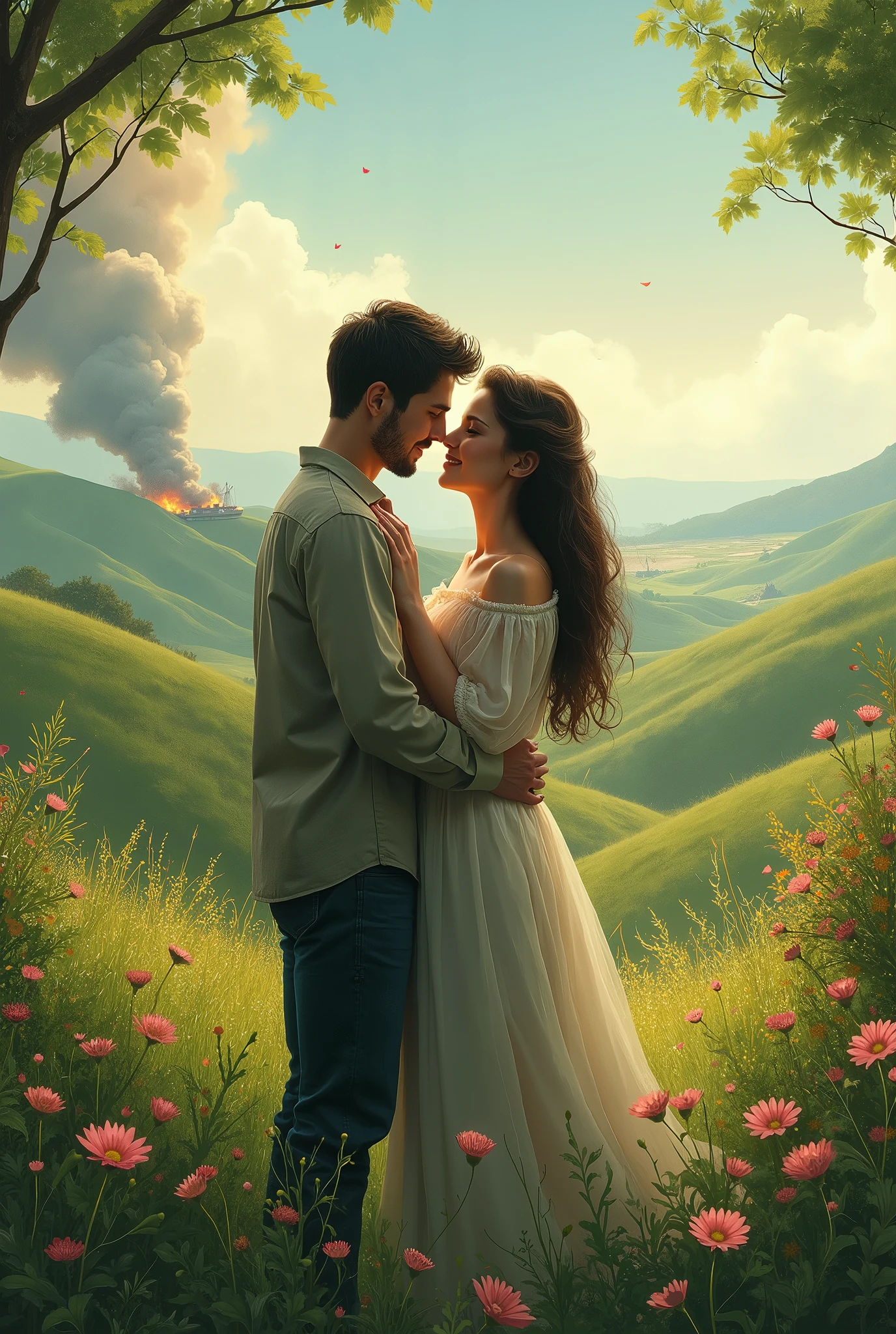 There is a man and woman standing in a field of flowers - SeaArt AI