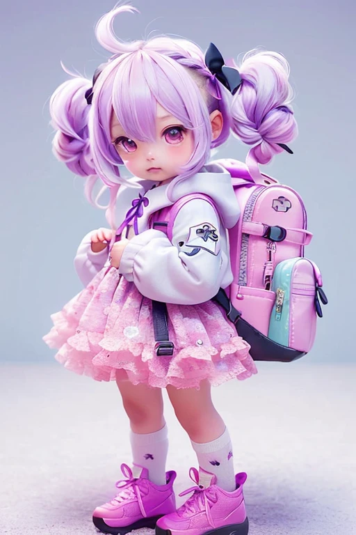 ,chibi, 1girl, One, backpack,  blush ,  looks at the viewer, shoes, bag,  Purple hair,  full body,  long hair ,  hair ornament ,  dress , hood,  pink eyes , twintails, белая shoes,  duration ,    