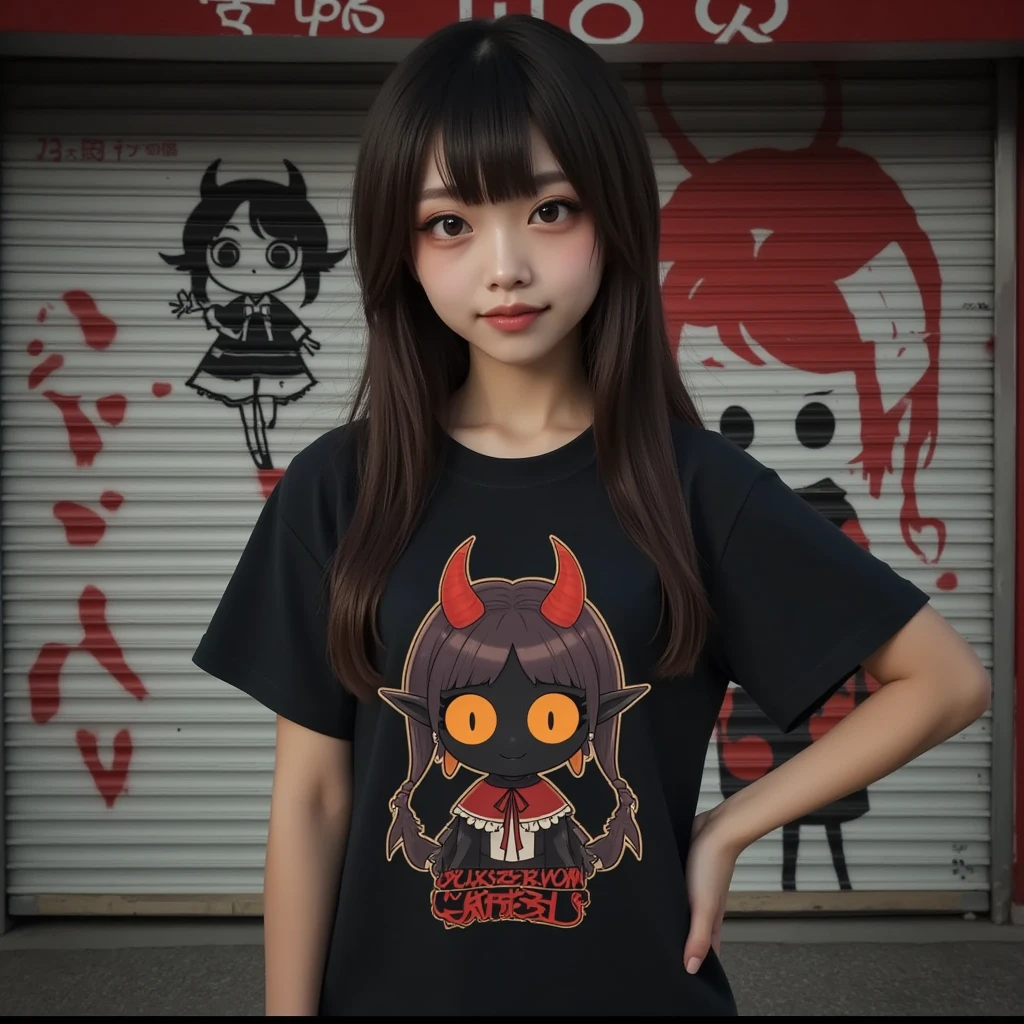 She is wearing a tee with a large print of her favorite cute devil girl, ultra-realistic, photorealistic, dramatic scene, shadow, global-illumination, solo, (20 years old Japanese famous idol girl:1.5), bad girl, very beautiful with very cute but boyish cool face, she is wearing punk rock outfits with very realistic smiled Chibi-anime-devil-black-girl printed tee, the chibi-anime-devil-black-girl that printed on her tee is 1girl\(dark black devil,cute,big eyes,large circle eyes,black skin,evil smile,long nail,orange eyes, vivid orange eyes, dark black skin, looking down,wearing capelet\(big,long,Tattered\), backlit,full body\), professional lighting, On the store shutter behind her is a large graffiti of a cute devil girl that identical to her hoodie, downtown at night