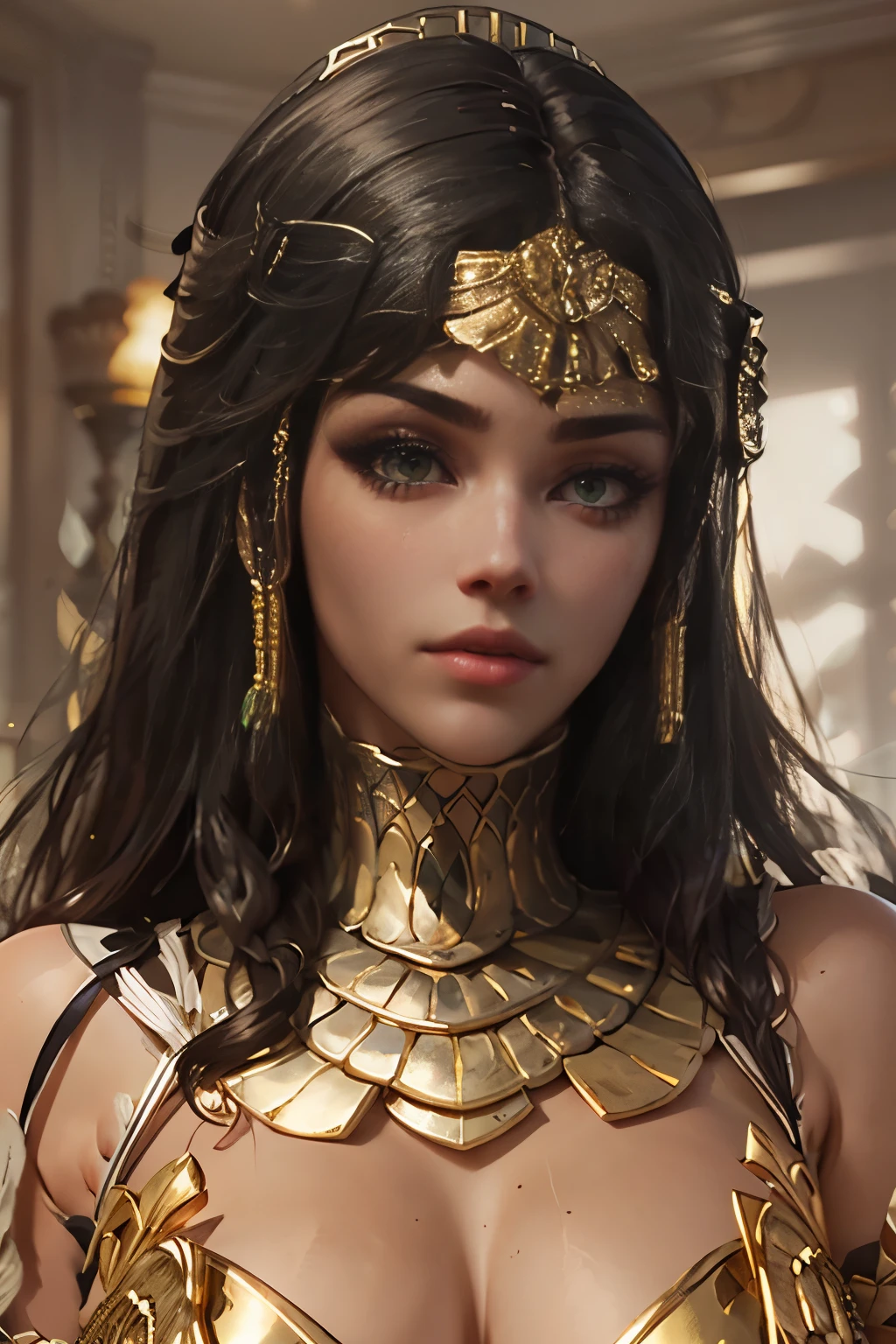 hyper realistic portrait shot of a beautiful egyptian queen, looking down proudly on the camera with her expressive green eyes, tanned skin tone , thin nose , black braided bob hair with golden accessories and jewelries , wearing a white see tough dress