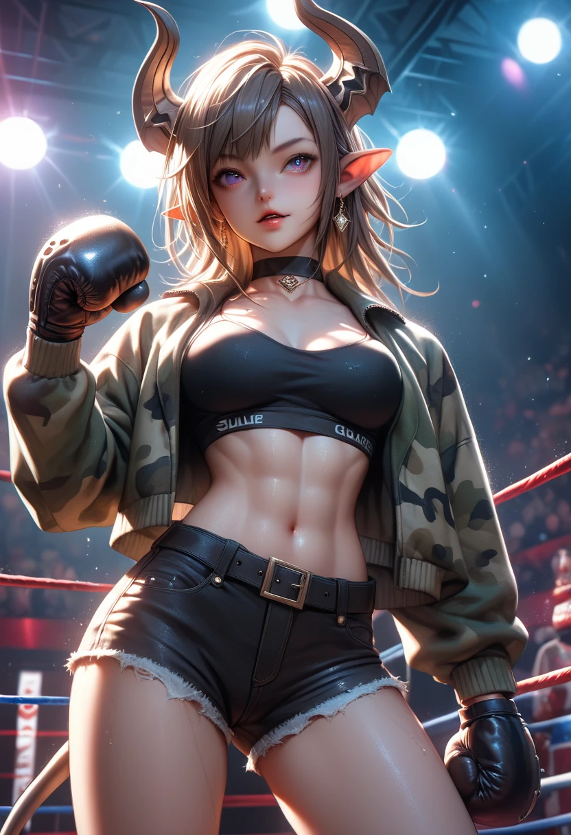 score_9, score_8_up, score_7_up, (unreal engine 5, unreal engine 3d scene), HD, details, high quality, rendered face, source_anime, good_hands. hourglass figure, perfect body, score_9_up, score_8_up, score_7_up,source_anime, highly detailed, sharp, masterpiece, intricate details, a sexy robot girl, BREAK breasts, hood, cropped jacket, camouflage jacket, jacket, black choker, black shorts, short shorts, cutoffs, belt, standing, boxing ring, indoors, stage lights, boxing gloves, parted lips, looking to the side,, BREAK soft skin, soft skin, shining glossy skin, soft abs, slim waist, (slender body), Expressiveh, (volumetric lighting:1.2), cinematic, cinematic lighting, reflections, ultra hd, visual effects, graphic effects, ambient occlusion, raytracing, soft lighting, realistic, blum effect, masterpiece, absolutely eye-catching, particles, glow, shining, intricate cinematic background, (beautiful face), BREAK (score_9, score_8_up, score_7_up), (Masterpiece), (expressive eyes), Imp, leathery wings, hip wings, prehensile tail, spade-tipped tail, curved horns, pointy ears, fang BREAK score_9, score_8_up, score_7_up, score_6_up, score_5_up, mitra, knva, halftone effect,
