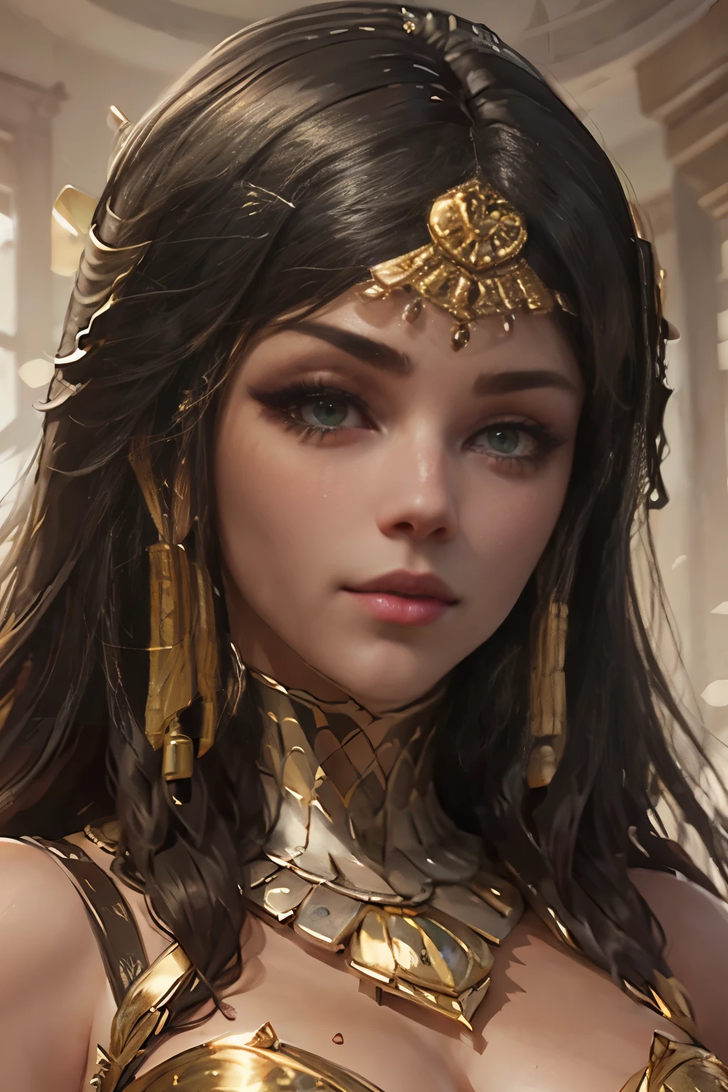 hyper realistic portrait shot of a beautiful egyptian queen, looking down proudly on the camera with her expressive green eyes, tanned skin tone , thin nose , black braided bob hair with golden accessories and jewelries , wearing a white see tough dress