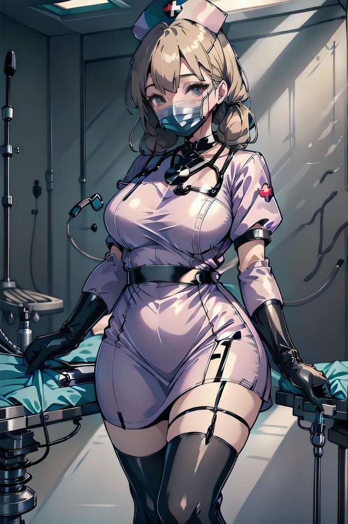 black nurse, 1girl, solo, black nurse cap, black wear, ((black legwear, zettai ryouiki)), black elbow gloves, twintails, yellow hair, purple eyes, ((black surgical mask, covered nose)), standing, ((surgery room)), sharp outline, short sleeves, best quality, masterpiece