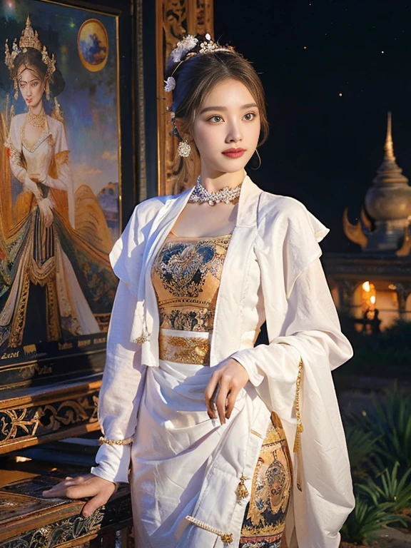 a solo beautiful princess, elegant, detailed, pretty, (rubenesque), (Bagan Pagoda background), (night sky), Myanmar traditional elegant detailed dress, Hair in a bun, (art by dgtlv2 and henry asencio and zeen chin and josephine wall and edwin deakin), (masterpiece), (good anatomy),