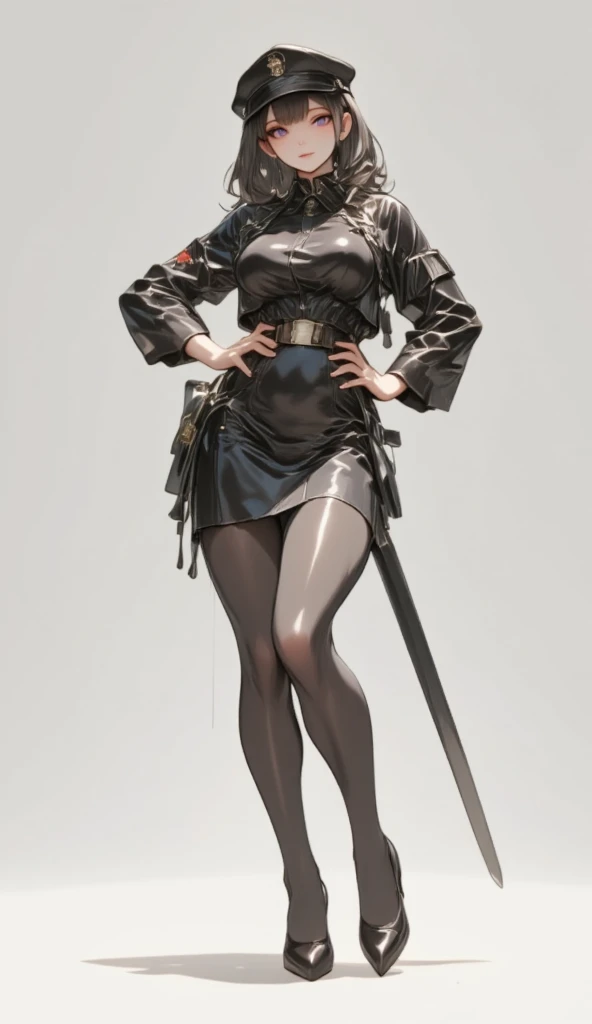 1 daikon character with a female soldier as a motif,( best quality, very detailed depiction, Incredibly Absurd High Resolution,Curvaceous Body, shiny skin,Beautiful legs),(Female military personnel,Black military uniform, tight skirt , black tights,Uniform cap, high heels),( eyeshadow,Glowing purple eyes, half closed eyes:2.0, big breasts,Glossy lips,Shadowed face, bewitching smile,Seductive gestures), full body image :2.0,Has a military sword