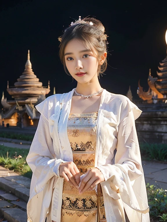 a solo beautiful princess, elegant, detailed, pretty, (rubenesque), (Bagan Pagoda background), (night sky), Moon lit , Myanmar traditional elegant detailed dress, Hair in a bun, (art by dgtlv2 and henry asencio and zeen chin and josephine wall and edwin deakin), (masterpiece), (good anatomy),