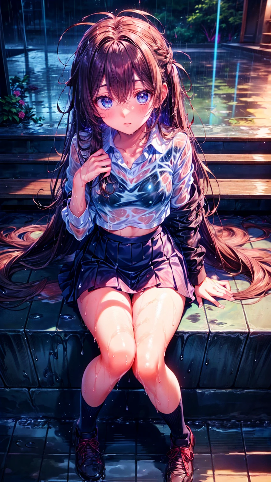 (rain:1.3),Under the elevated, girl,  College Student , wet body,( wet hair :1.5),Wet Face, brown hair, long hair,Rolling Waves, small breasts,Wet Long Sleeve Shirt, pink lace bra,break, pleated miniskirt ,break, navy blue socks ,, troubled face,,rain宿り,Knee