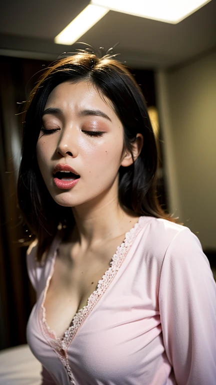 Best quality, masterpiece, ultra high res, (photorealistic:1.4), raw photo, asian girl yawning sleep in bed, open eyes, rolling eyes, DARK hair, dramatic lighting, bitch