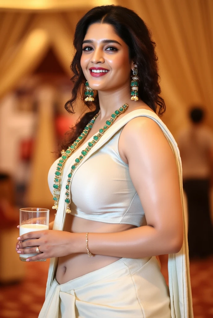 full body,front view,full body,big boobs,white saree bride,holding milk glass,traditional,body facing to camera,walking position,long necklace,smile,indian curvy body, jewellery,traditional beauty