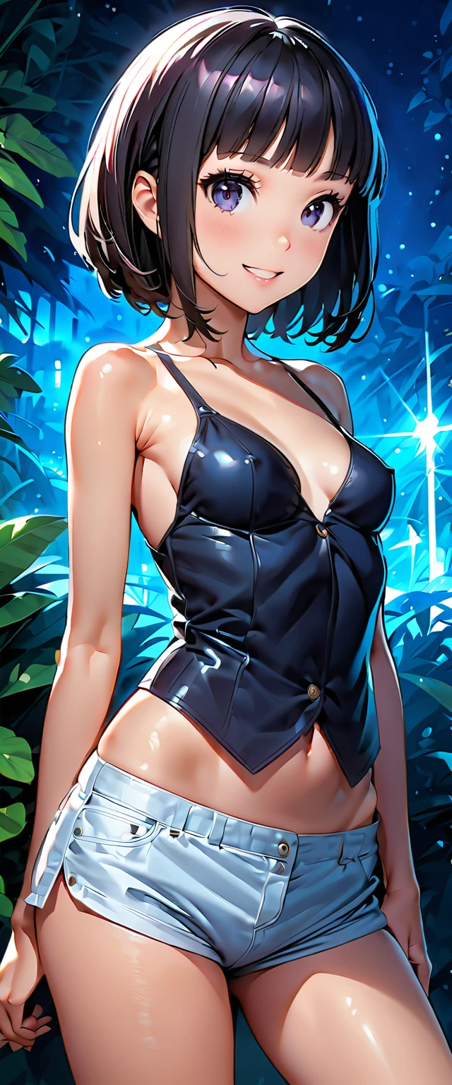 (((masterpiece)))、(( best quality))、( super detailed)、(CG illustration)、( very beautiful girl ))、 cinematic light 、((1 Girl))、 、(Beautiful and luxurious:1.2)、( one girl :1.3),garden,Junior high school students,White sleeveless V-line bodysuit,jean micro shorts,,smile,, skinny,Fits perfectly against the skin,Small breasts, short hair,