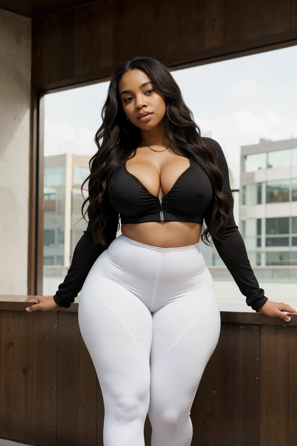 Mixed black ethnicity, curvy girl , long hair ,wearing sexy sport summer outfit, yoga pose