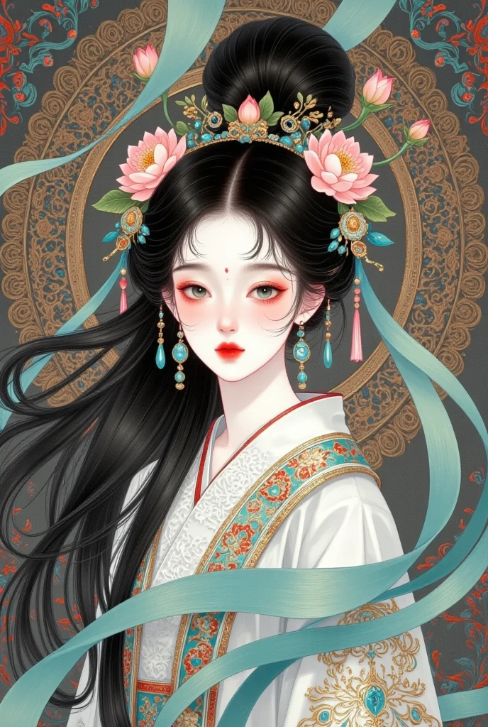  A woman with long hair and a flower crown in a room, A detailed painting inspired by Ma Yuanyu  ,  is popular in the CG community, Fantasy Art, palace ，  girl in Hanfu, (( a beautiful fantasy queen)), ancient Chinese Princess,  a beautiful fantasy queen,   creates  , Chinese Princess,  Art in the style of Gu Wei