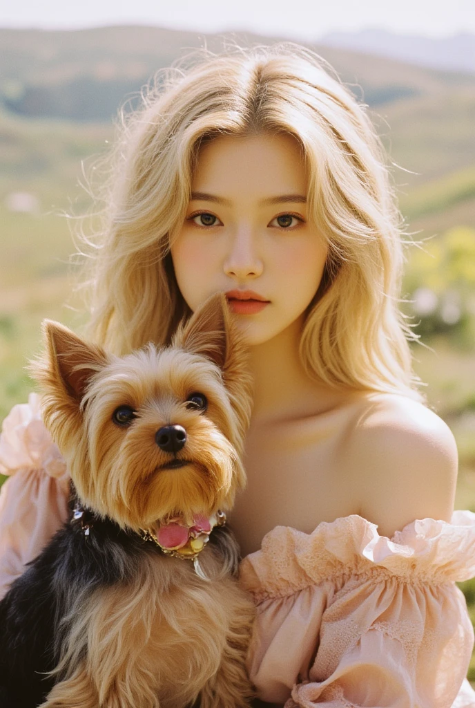 a blonde crespa,ucranian 18 years in a yellow dress,metálic collar pet, posing for a picture in a living room with a white couch and a orange curtain, private press, , a hologram, pink