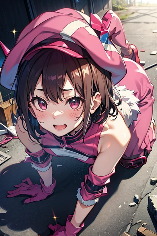 (all fours), Looking up, (from above:1.2),((close up head)), (head tilt),
embarrassed, seductive smile, blush, drunken eyes,  open your mouth slightly,

Llenn,anime style,(( best quality)), ((masterpiece)),( Details), high definition ,Sharp focus, perfect face, beautiful eyes,{best illustration},(非常に Details CG unity 8k wallpaper),
((( vibrant colors))),(((shiny 肌,very shiny 肌, shiny body on the sheet,plastic glitter 肌,exaggerated shiny 肌,illuminated skin))),
( perfect finger),(Five fingers),(complete anatomy),1teen girl, slim, small, (flat chest), Short Hair, light brown hair,
sports bra, 　undressing, half undress,　
Pink jacket, (pants:1.1) ,fur trim, gloves, (straps), Pink animal hat,  knee pads,
 bewitching pose,{{{{vulgarity}}}}, sweat, heavy breathing, Fog,
 in a room in an abandoned building, Shade, rubble,　Wooden box,　Broken table and chair ,　 concrete wall,　 concrete floor ,
