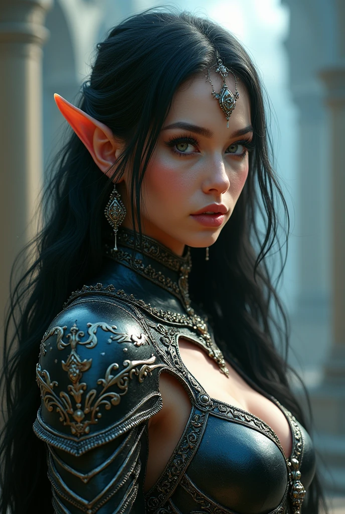 A powerful and regal woman stands tall against a clear, blue sky. She has long, dark hair flowing gracefully behind her, and her pointed ears hint at a mystical or elven heritage. Her attire is a combination of armor and elegant, royal garments, primarily in deep red and gold. She wears a golden crown-like headpiece that rests atop her head, adorned with intricate designs, matching the ornate choker around her neck. Her piercing eyes are accentuated by dark, dramatic makeup, and her expression is one of calm authority and confidence. The intricate armor plating on her shoulders and chest provides both protection and an air of royalty. A deep crimson pendant in the shape of a butterfly rests on her chest, symbolizing beauty intertwined with strength. The background shows a vast sky with distant, snowy mountains, adding to the epic and otherworldly feel of the scene.