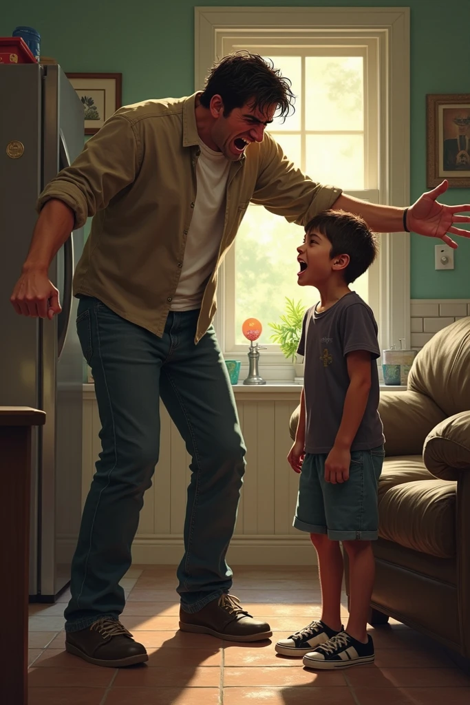 A small messy room.
A man trying to break the door open to get in.
A boy inside the room holding the door