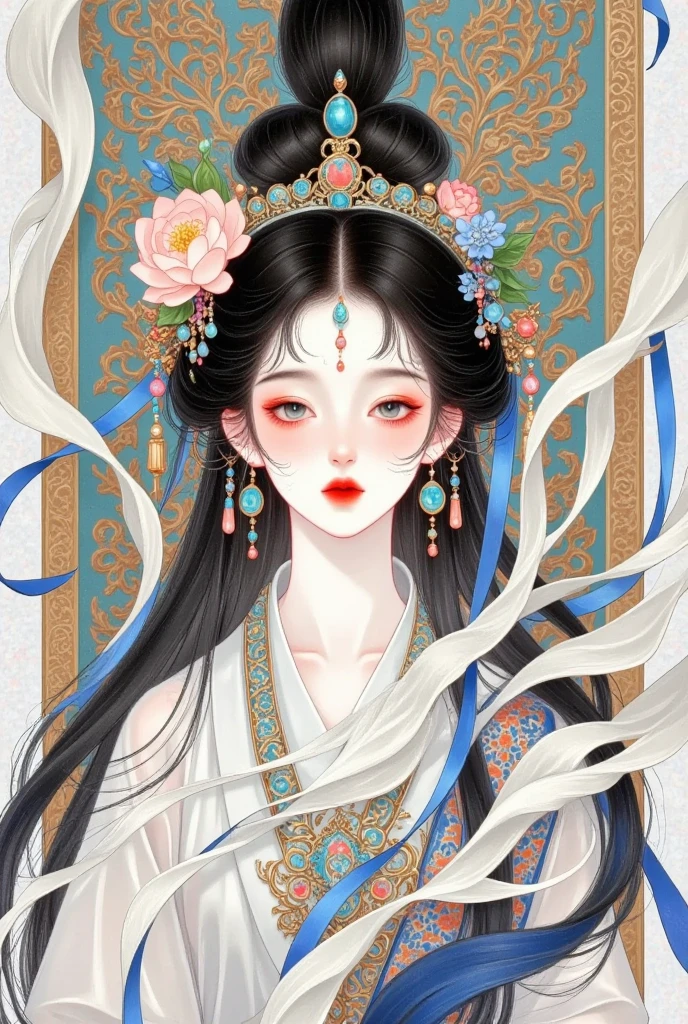 There is a woman with long hair in a painting，wearing a flower on her head, palace ，  girl in Hanfu,  a beautiful fantasy queen, (( a beautiful fantasy queen)), Chinese Princess, ancient Chinese Princess,  Korean Art Nouveau anime , Beautiful character painting, artstrationTrend , 精致的数字插图,  Art in the style of Gu Wei,  A beautiful illustration  