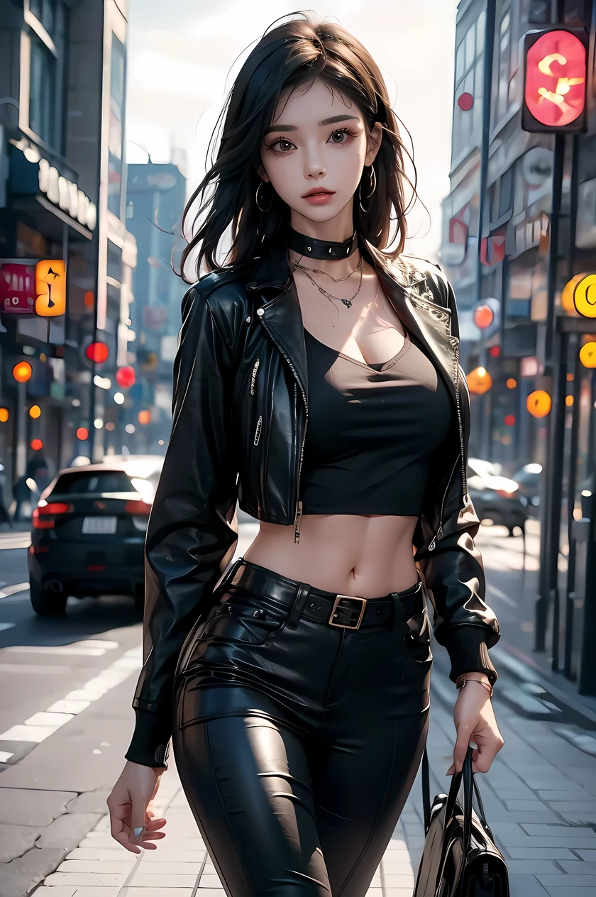 (((Best quality, 8k, Masterpiece: 1.3)), ((best quality)), ((masterpiece)), (detailed), perfect face, perfect body, (detailed skin:1.3), (intricate details), black hair, slicked back, ((Leather jacket)), white tank top, leather pants, wide belt, buckle, Choker, Sidelong glance, near-future city, Fashion model