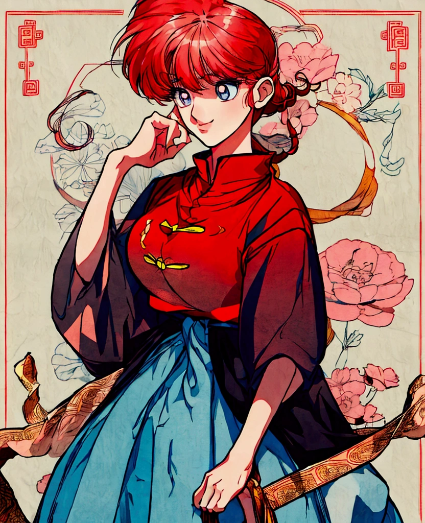 Create Female Ranma, Clear outline, Full body color photo, ( Beautiful and Exquisite Eyes ), ( pretty face:1.3), Wakaki's Smiling Face , long red hair， Bangs,  blue-gray eyes ,  big eyes， full breasts ，(Chinese Hansel :horse face long skirt),top: Slim Fit Chiffon High Waist Loose Elegant Chiffon Pleated Long Skirt(actual:1.2),(Floral),   (actual上下身衣服是:3.7. Scale)。