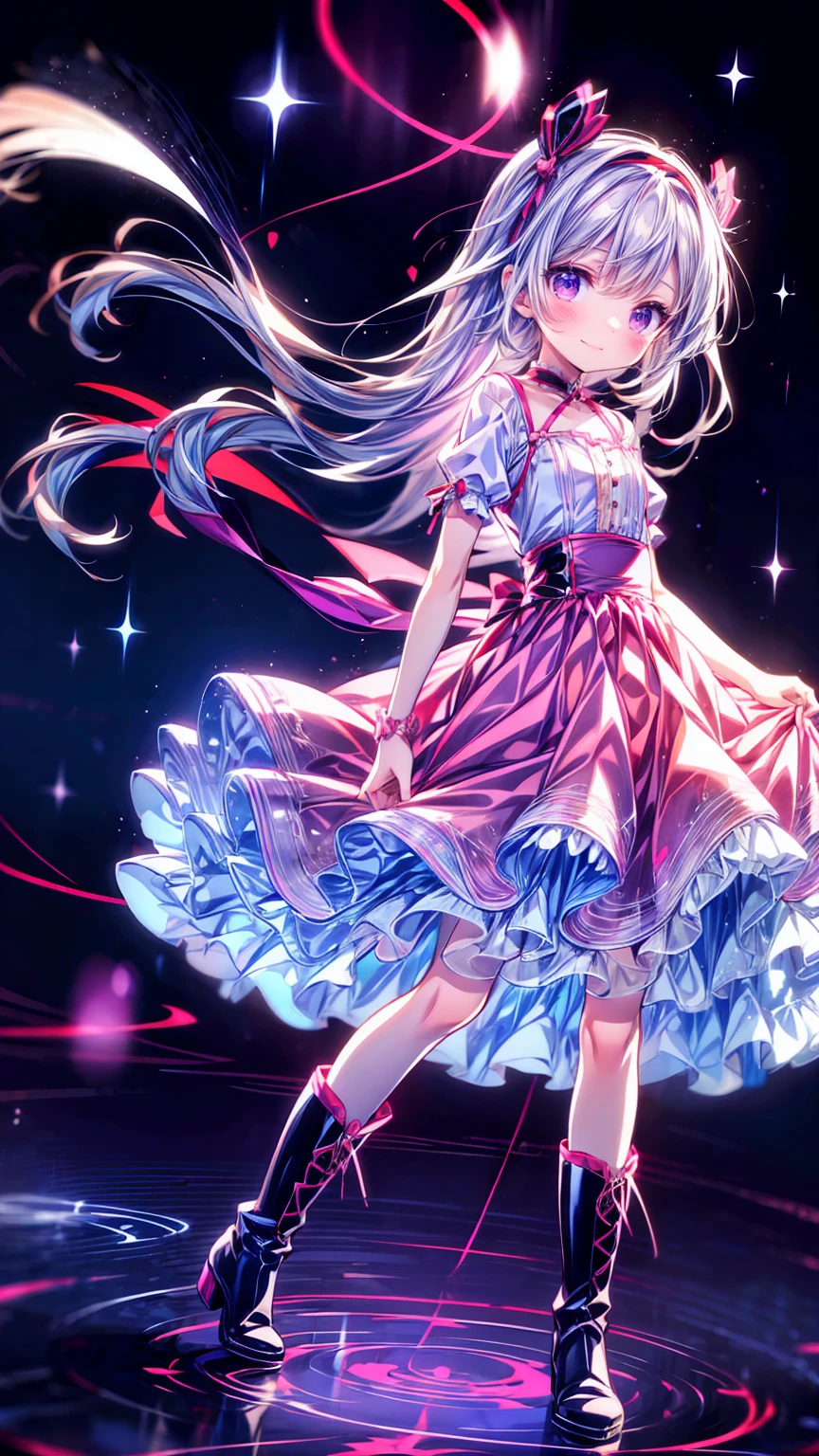  anime style、story、、 cute女の子 、とてもcute天使、  pink gothic dress  、cute、、smile、  Long Skirt 、  black boots 、Very cute headband
