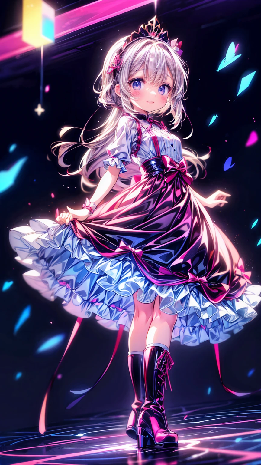  anime style、story、、 cute女の子 、とてもcute天使、  pink gothic dress  、cute、baby face、smile、  Long Skirt 、  black boots 、Very cute headband
