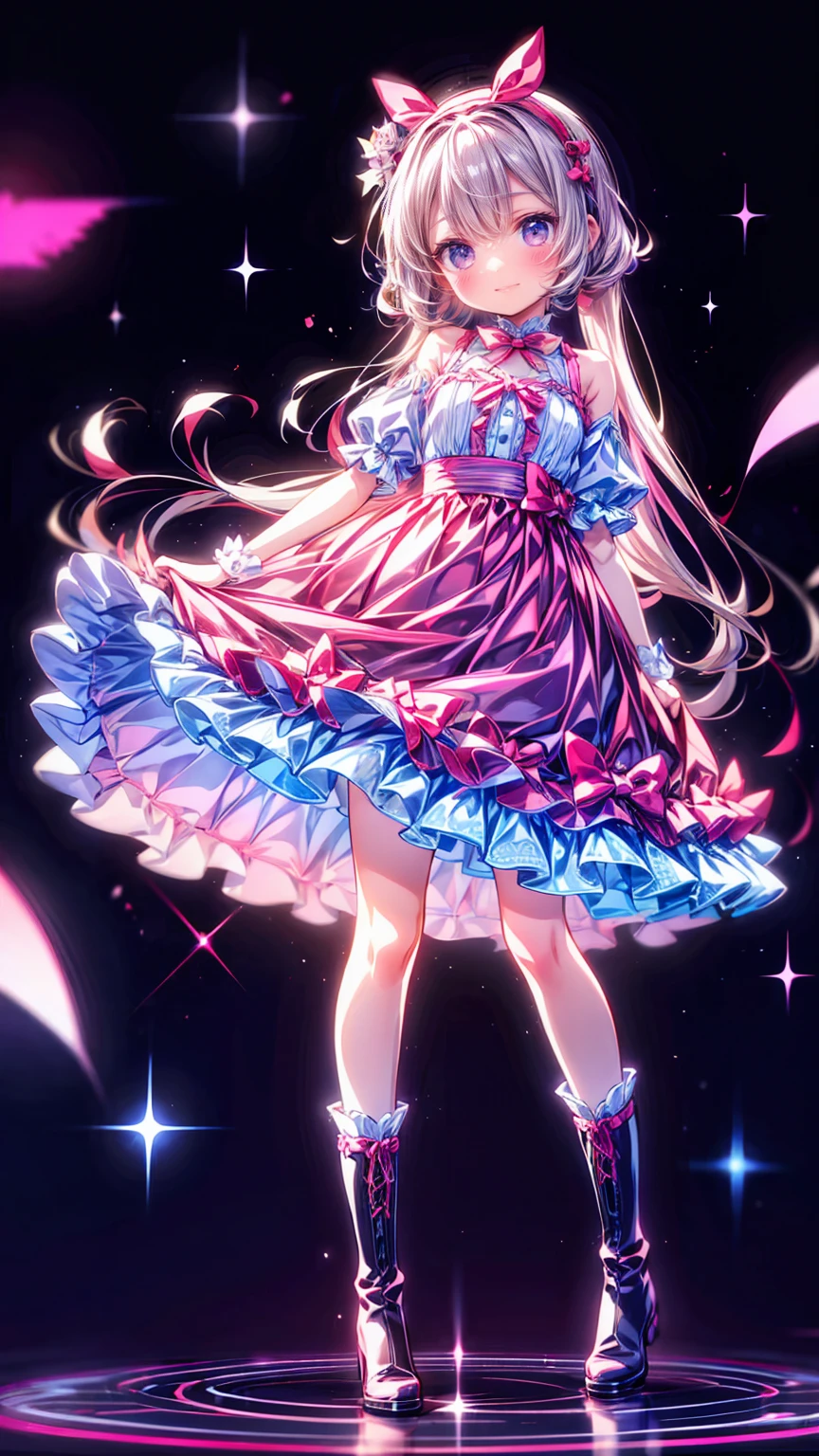  anime style、story、、 cute女の子 、とてもcute天使、  pink gothic dress  、cute、baby face、smile、  Long Skirt 、  black boots 、Very cute headband
