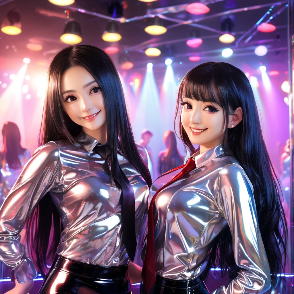 2 girls,  in extremely tight shiny latex blouse,  high resolution ,  masterpiece,  very long hair ,  black hair, Lens reflection, Reflected light, smile, Necktie, Are at the disco and dance  